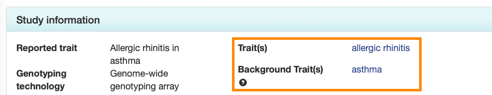 Main and background traits displayed in the Study Information panel
